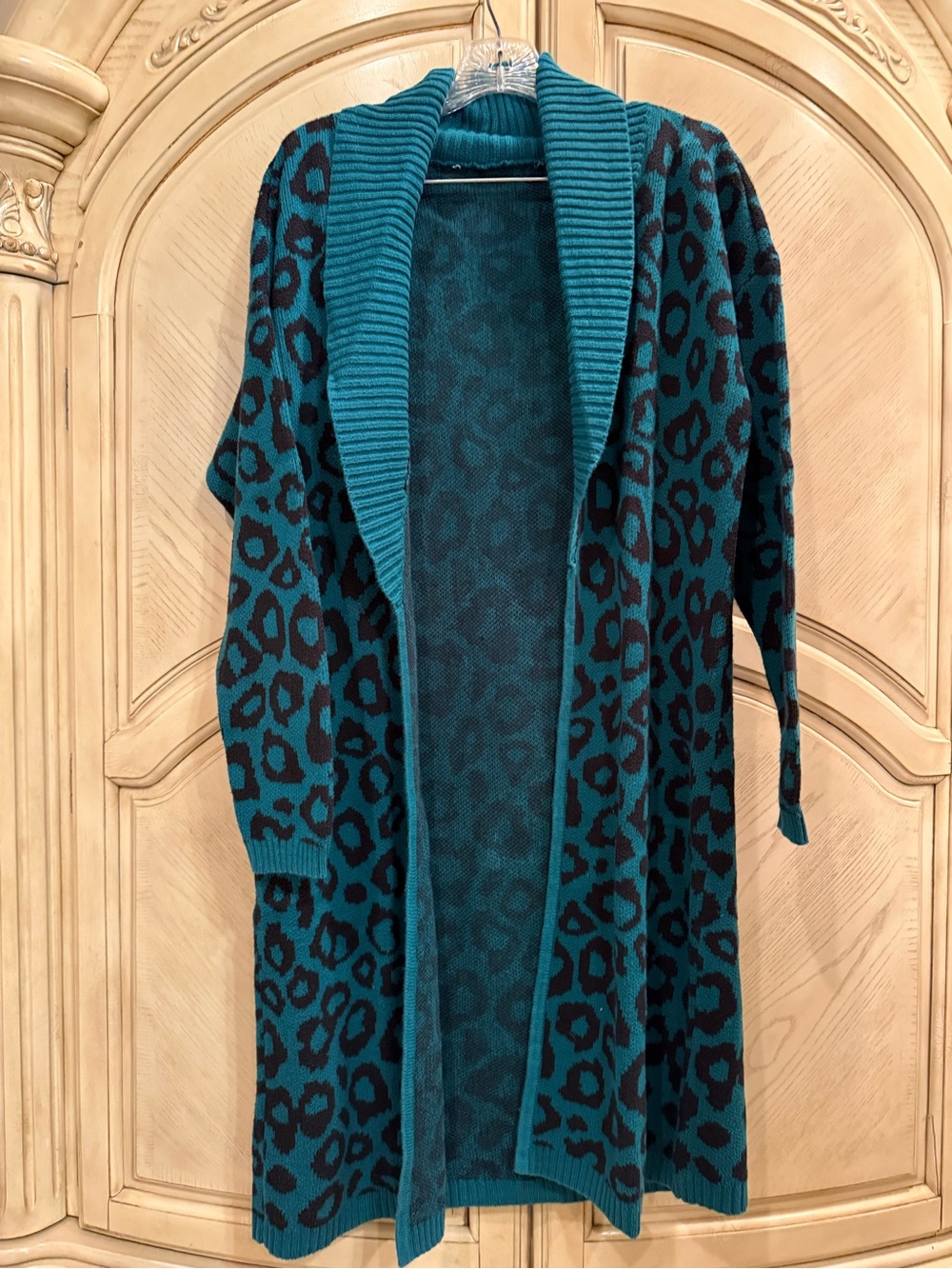 BCBG Teal Leopard Print Open-Front Cardigan Coat, size L